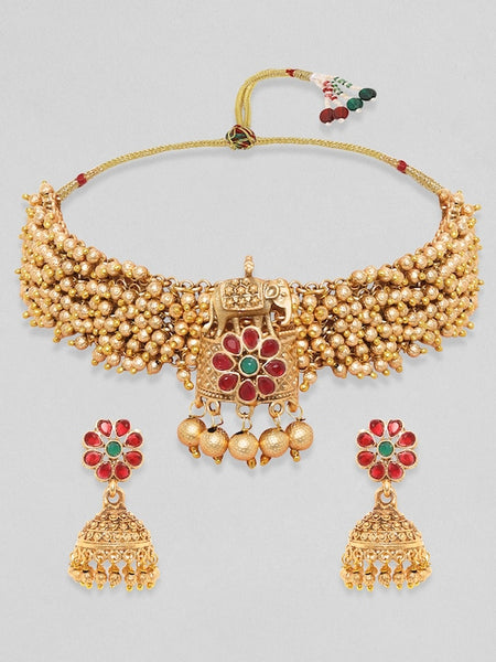 Women Gold-Toned & Plated 24K Handcrafted Ruby Ghungroo Temple Choker Set VitansEthnics