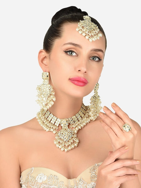 Women Gold Plated Kundan & Pearls Ethnic Choker Necklace Earring Maangtikka & Ring Set Jewellery Set VitansEthnics