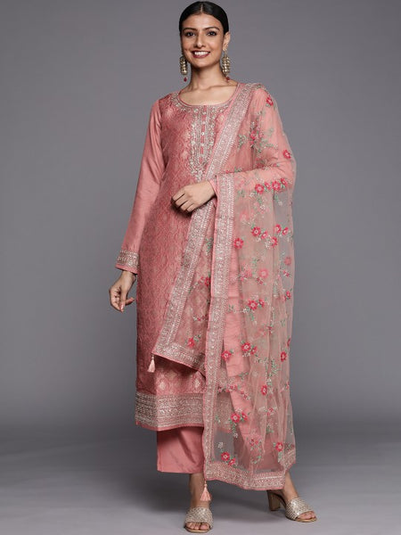 Women Peach Coloured Floral Embroidered Kurta with Trousers & Dupatta