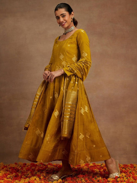 Mustard Yellow Woven Design Chanderi Silk Kurta with Palazzos & Dupatta