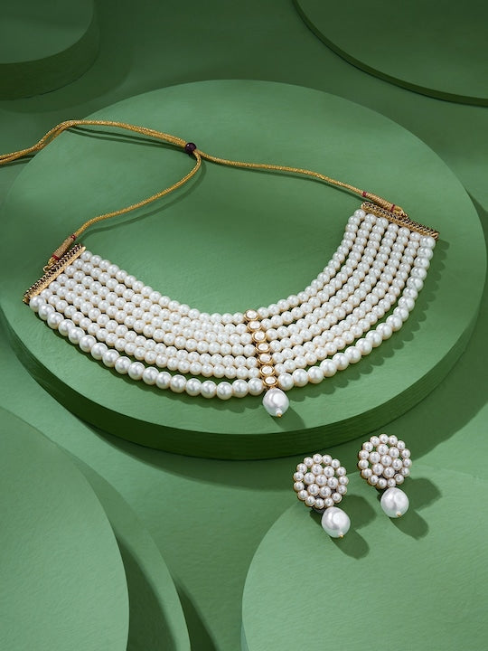Gold Plated Beaded Layered Pearl Choker Necklace Jewellery Set VitansEthnics