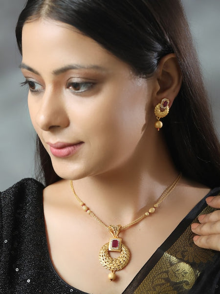 Gold-Plated Maroon & White Ruby & AD-Studded & Beaded Handcrafted Jewelry Set VitansEthnics