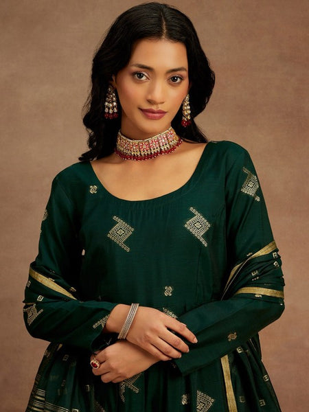 Green Woven Design Chanderi Silk Kurta with Palazzos & Dupatta