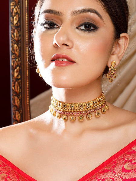 24K Gold-Plated & Green Ruby Studded Jewellery Set VitansEthnics