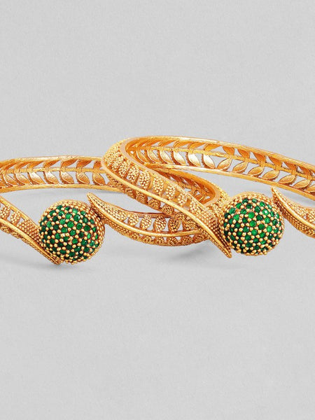 Set of 2 22K Gold-Plated Emerald Green Stone Studded Handcrafted Bangle VitansEthnics