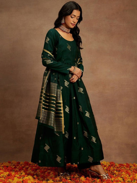 Green Woven Design Chanderi Silk Kurta with Palazzos & Dupatta