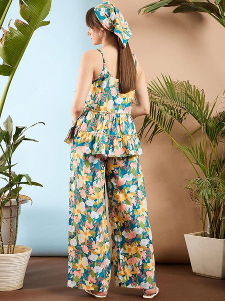 Women Floral Printed V Neck Top & Flared Trousers Co-Ord Set VitansEthnics