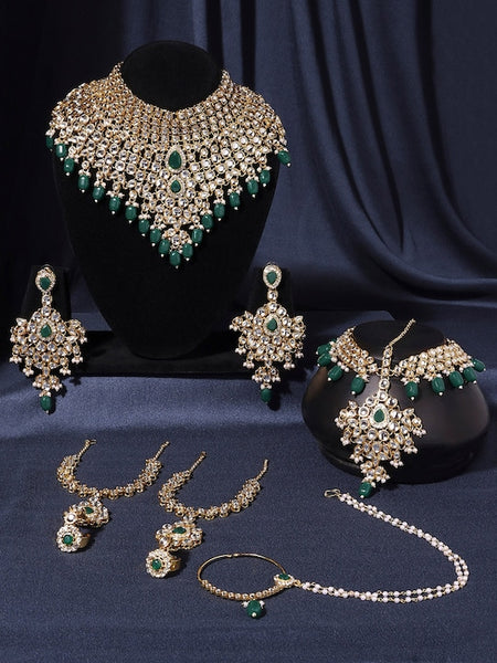 Gold-Plated Stone-Studded & Beaded Bridal Wedding Jewelry Set VitansEthnics