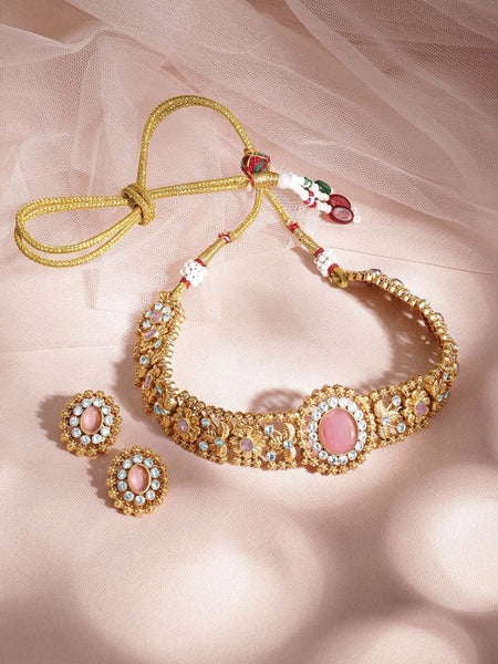 24K Gold Plated Handcrafted Pastel Pink Intricate Choker Jewellery Set For Women VitansEthnics