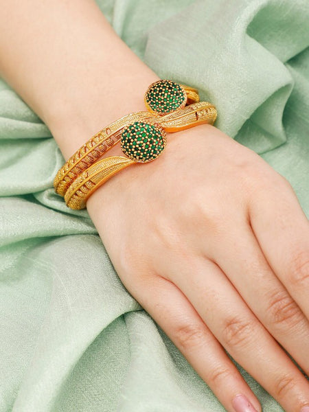 Set of 2 22K Gold-Plated Emerald Green Stone Studded Handcrafted Bangle VitansEthnics