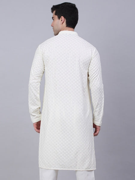 Men White Geometric Sequin Embroidered Kurta VitansEthnics