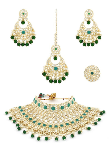 Green & White Gold-Plated Kundan-Studded & Pearl Beaded Bridal Jewellery Set VitansEthnics