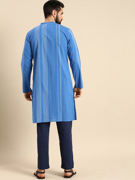 Men Blue Bandhani Printed Pure Cotton Kurta VitansEthnics