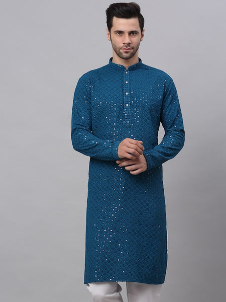 Men Teal Geometric Sequin Embroidered Kurta VitansEthnics