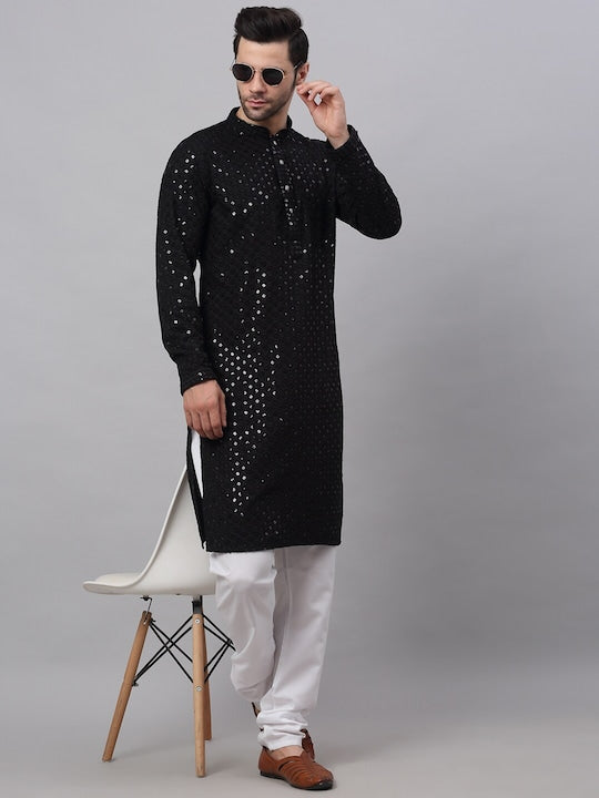 Men Black Geometric Sequin Embroidered Kurta VitansEthnics