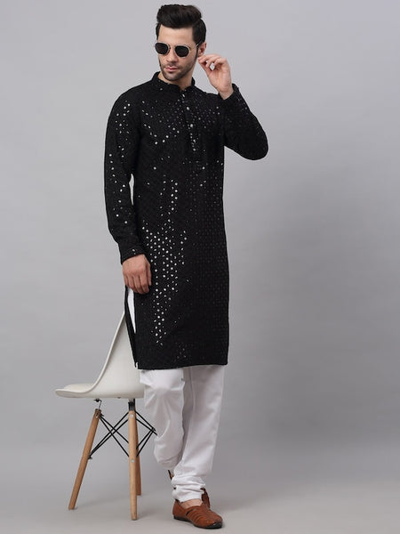 Men Black Geometric Sequin Embroidered Kurta VitansEthnics
