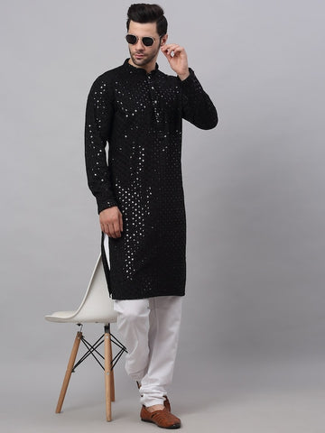 Men Black Geometric Sequin Embroidered Kurta VitansEthnics