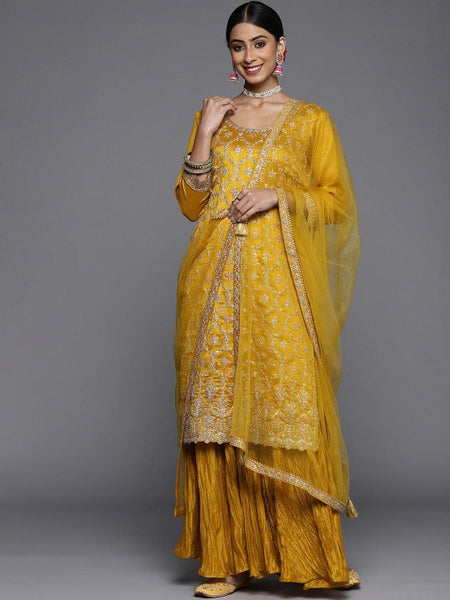 Floral Embroidered Sequinned Zari Kurta with Sharara & Dupatta