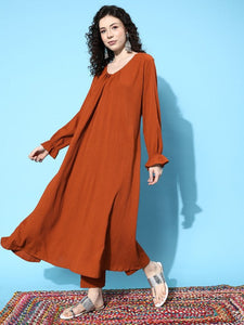 Women Rust Orange Solid Textured Gathered Kurta with Trousers VitansEthnics