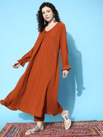 Women Rust Orange Solid Textured Gathered Kurta with Trousers VitansEthnics