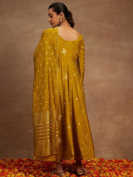 Mustard Yellow Woven Design Chanderi Silk Kurta with Palazzos & Dupatta