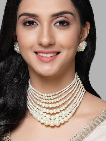 Gold-Plated Pearl Beaded Choker Necklace & Earrings VitansEthnics