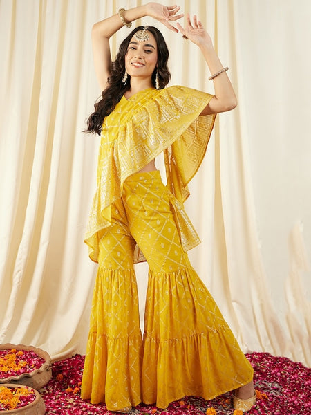 Printed Crop Top with Sharara & Attached Dupatta For Women | Ready to wear Sharara Pant Saree VitansEthnics