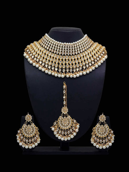 Gold-Plated & White Kundan-Studded & Beaded Bridal Jewelry Set VitansEthnics