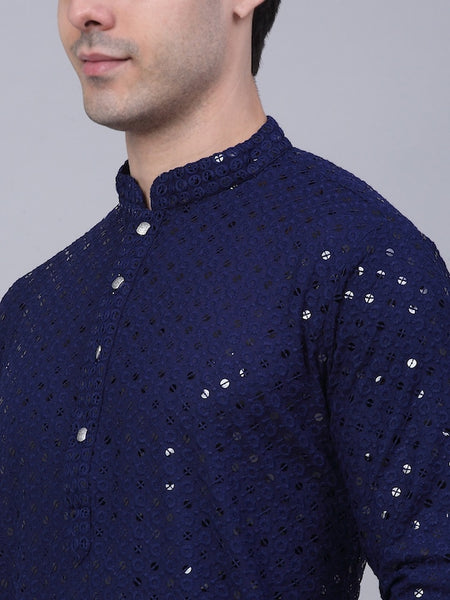 Men Dark Blue Geometric Sequin Embroidered Kurta VitansEthnics
