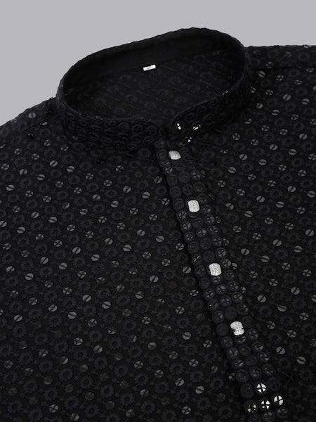 Men Black Geometric Sequin Embroidered Kurta VitansEthnics