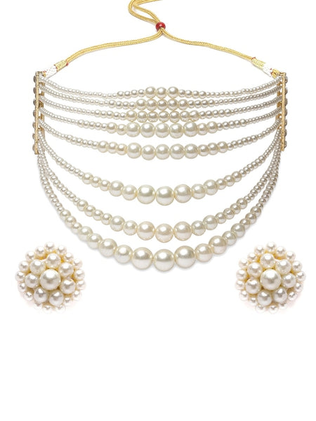Gold-Plated Pearl Beaded Choker Necklace & Earrings VitansEthnics