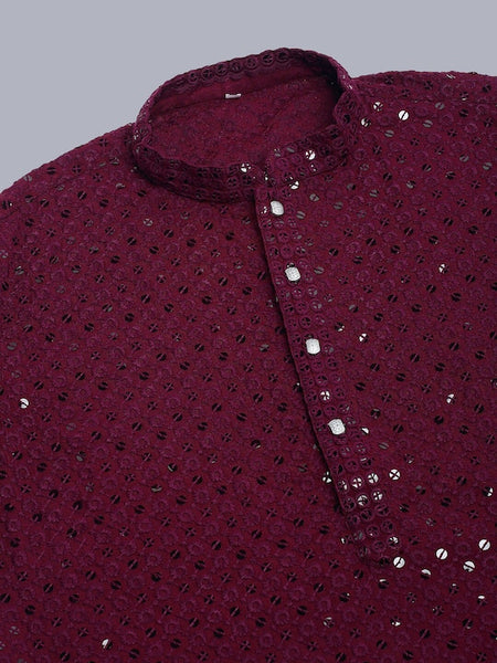 Men Wine Geometric Sequin Embroidered Kurta VitansEthnics