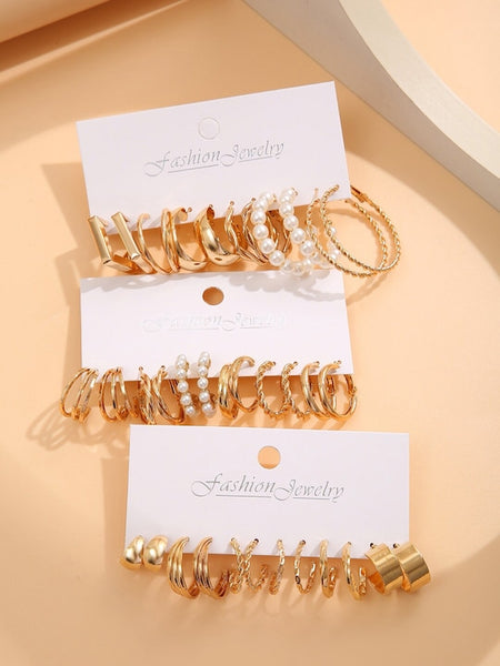 Set Of 18 Gold-Plated Beaded Contemporary Hoop Earrings VitansEthnics