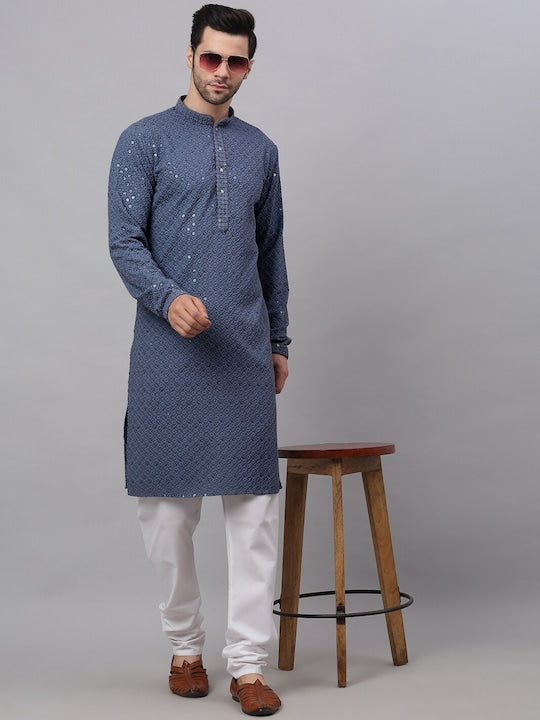 Men Grey Geometric Sequin Embroidered Kurta VitansEthnics