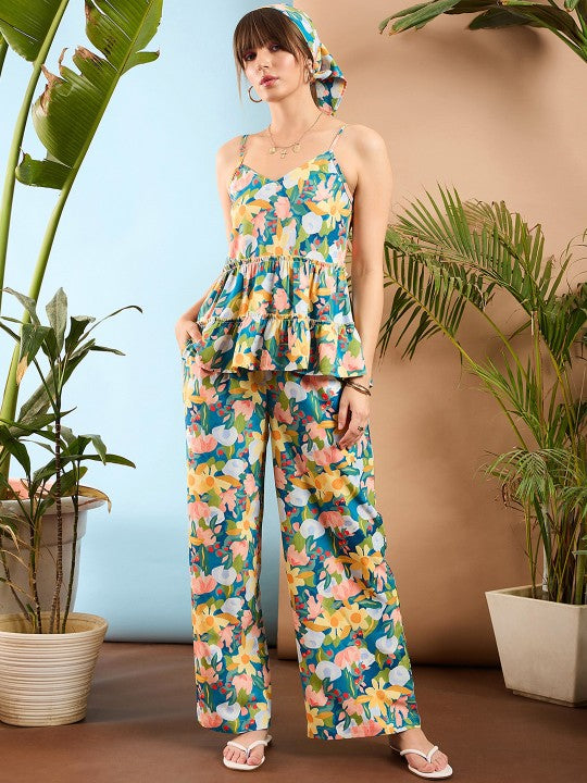 Women Floral Printed V Neck Top & Flared Trousers Co-Ord Set VitansEthnics