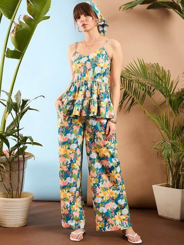 Women Floral Printed V Neck Top & Flared Trousers Co-Ord Set VitansEthnics