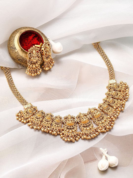 22K Gold-Plated Divine Lakshmi Motif Temple Jewellery Set with Intricate Detailing VitansEthnics