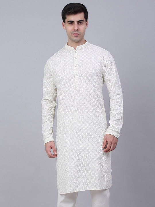 Men White Geometric Sequin Embroidered Kurta VitansEthnics