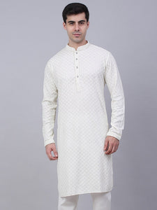 Men White Geometric Sequin Embroidered Kurta VitansEthnics