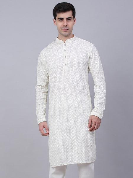 Men White Geometric Sequin Embroidered Kurta VitansEthnics
