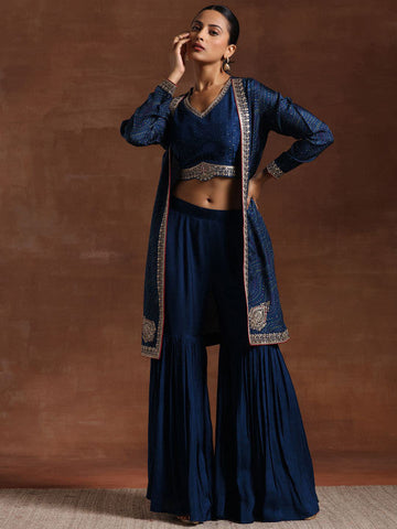 Embroidered Crop Top With Sharara and Shrug Set VitansEthnics