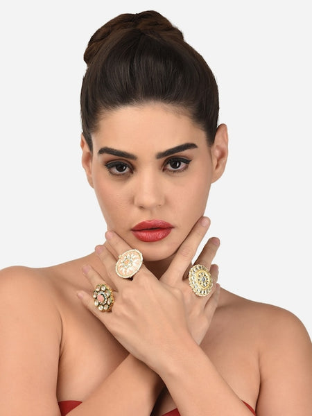 Set of 3 Gold-Plated White Stone Studded Adjustable Finger Rings VitansEthnics