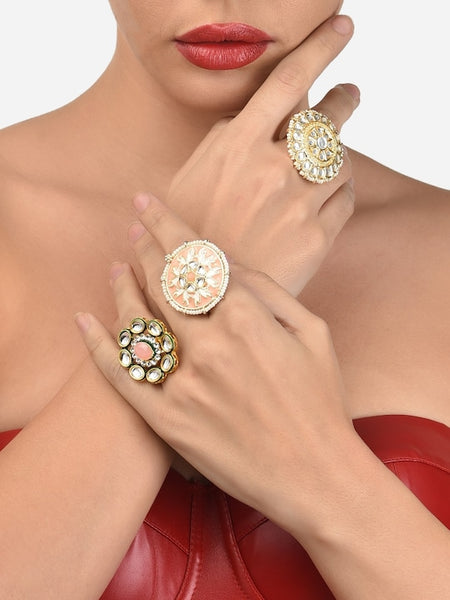 Set of 3 Gold-Plated White Stone Studded Adjustable Finger Rings VitansEthnics