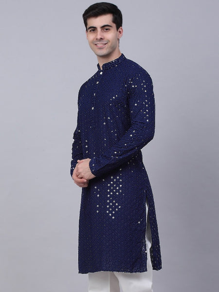 Men Dark Blue Geometric Sequin Embroidered Kurta VitansEthnics