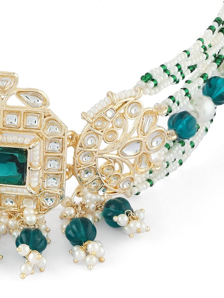 Gold-Plated Kundan-Studded & Beaded Green Choker Jewellery Set VitansEthnics