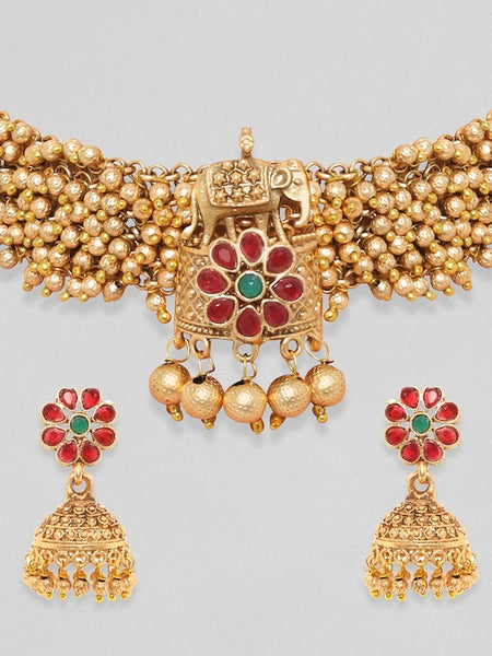 Women Gold-Toned & Plated 24K Handcrafted Ruby Ghungroo Temple Choker Set VitansEthnics