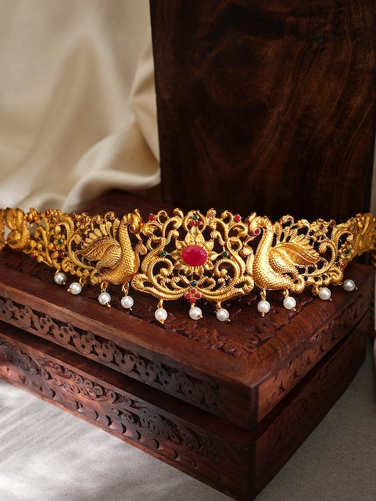 24K Gold-Plated Red Cubic Zirconia Studded Handcrafted Traditional Kamarbandh | Waist Belt For Women vitansethnics
