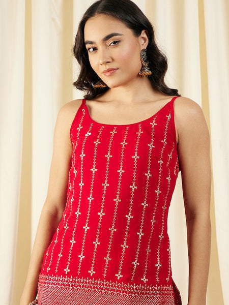 Red Kurti With Sharara Pants Set vitansethnics