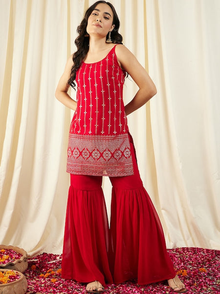 Red Kurti With Sharara Pants Set vitansethnics