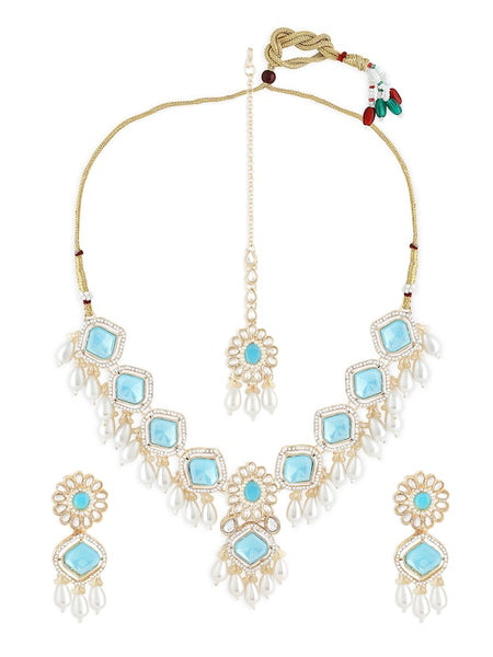Gold Plated Austrian Diamonds Studded & Beaded Blue Jewellery Set VitansEthnics